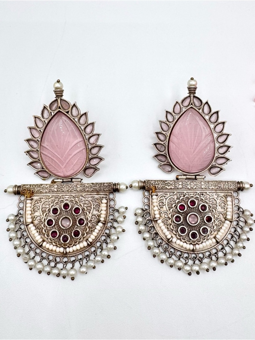 India Bollywood Wedding Earrings Carved Pink Glass Ornate Silver Tone Ethnic